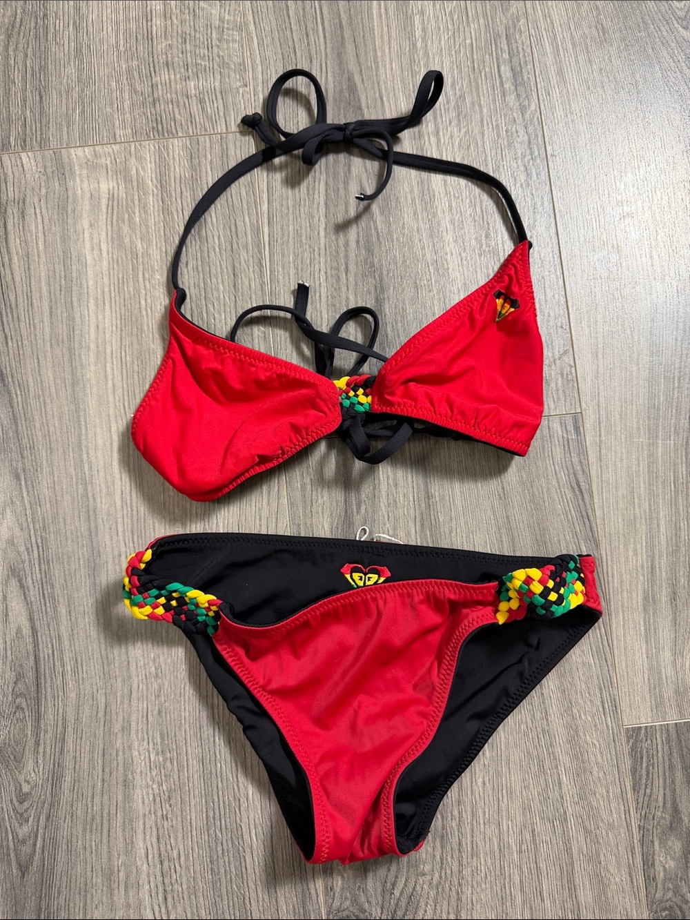 JamaicaRoxy Girls Red and Black Two-Piece Bikini with Multicolor Braided Accents